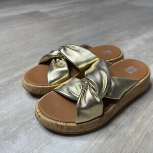 FitFlop F-MODE Metallic Leather-Twist Flatform Slides (Cork Wrap) in Gold Size 7